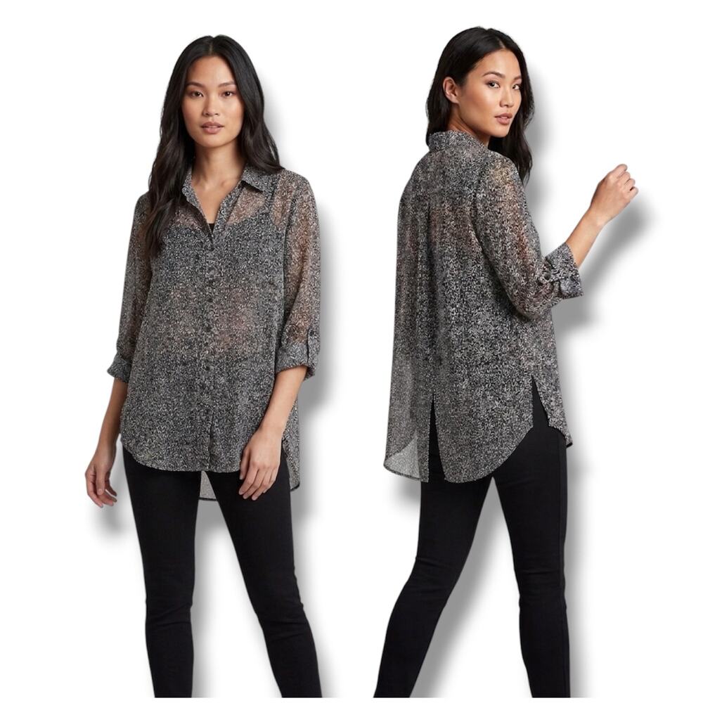 Clara Sun Woo buttoned tuxedo tail high low sheer tunic blouse women's large